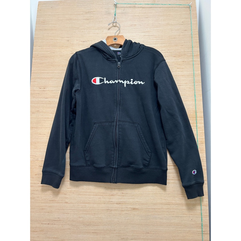 Champion Black Full Zip Hoodie Embroidered Script Logo Youth XL Authentic Wear